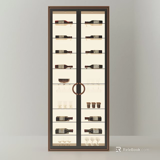 Modern Wine Cabinet with Glass Doors and Shelves Displaying Wine Bottles and Glasses 3d model 