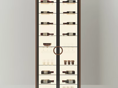 Modern Wine Cabinet with Glass Doors and Shelves Displaying Wine Bottles and Glasses 3d model
