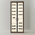 Modern Wine Cabinet with Glass Doors and Shelves Displaying Wine Bottles and Glasses
