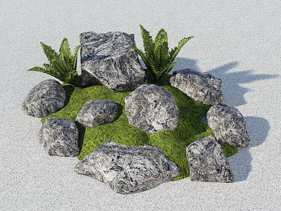 Natural Stone And Wood Garden Decor With Green Grass And Fern Plants 3d model