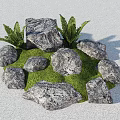 Natural Stone And Wood Garden Decor With Green Grass And Fern Plants