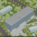Industrial Factory Building with Multi Story Structure Surrounding Trees Parking Lot and Roads