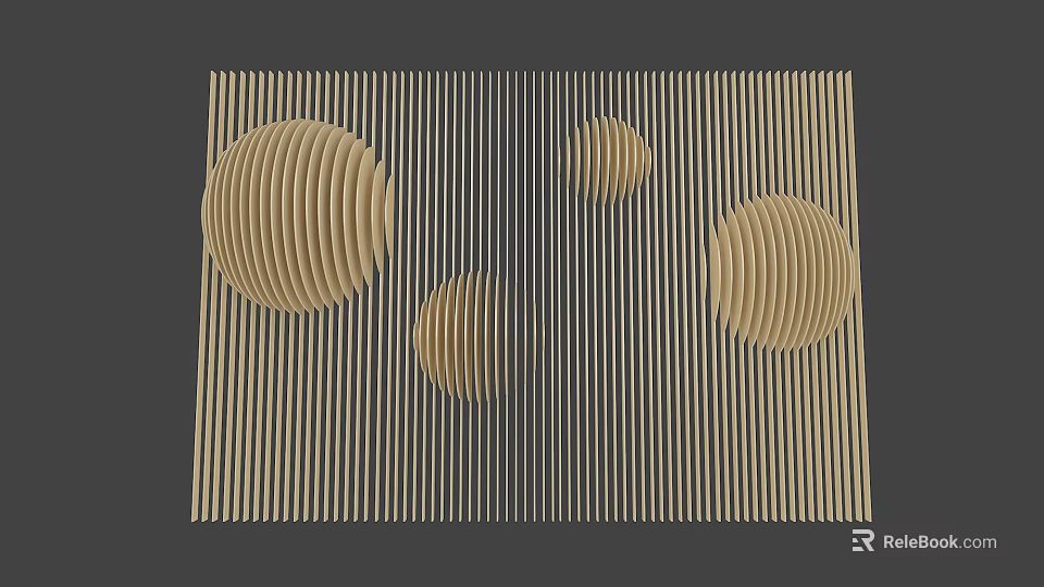 Modern Interior Wall Design With Vertical Wooden Stripes And Circular 3D Decorations 3d model 