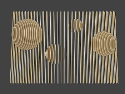 Modern Interior Wall Design With Vertical Wooden Stripes And Circular 3D Decorations 3d model