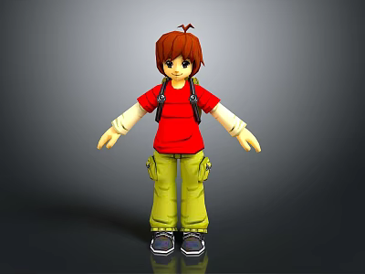 3D Model Game and Movie Character with Brown Hair Red Shirt Yellow Cargo Pants Backpack 3d model
