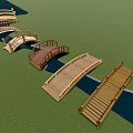 Various Styles of Wooden Bridges Over Water in Green Grass Landscape