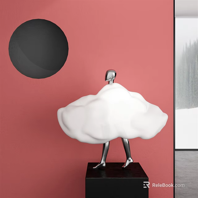 Silver Human Figure Sculpture With Large White Cloud Shape On Red Background And Black Sphere 3d model 