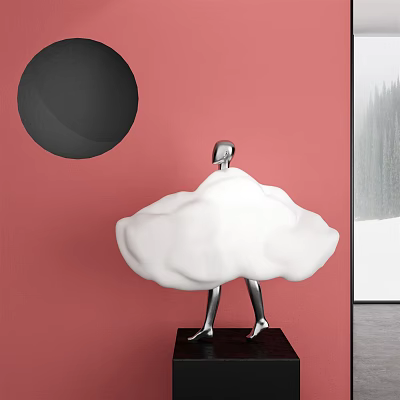 Silver Human Figure Sculpture With Large White Cloud Shape On Red Background And Black Sphere 3d model