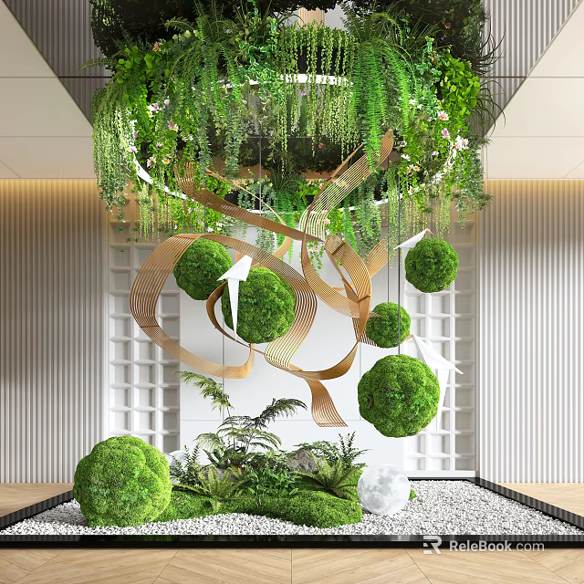 Modern Indoor Landscape Interior With Hanging Greenery Wooden Ribbons And Moss Balls 3d model 