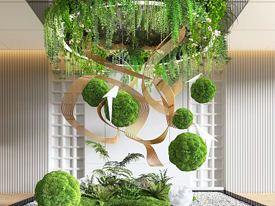 Modern Indoor Landscape Interior With Hanging Greenery Wooden Ribbons And Moss Balls 3d model