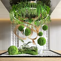 Modern Indoor Landscape Interior With Hanging Greenery Wooden Ribbons And Moss Balls