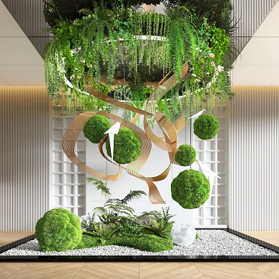 Modern Indoor Landscape Interior With Hanging Greenery Wooden Ribbons And Moss Balls 3d model