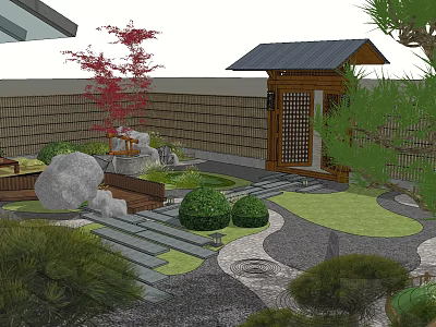 Traditional Japanese Garden Landscape With Wooden Pavilion Red Maple Stone Pathways Pruned Shrubs Bamboo Fence 3d model