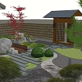 Traditional Japanese Garden Landscape With Wooden Pavilion Red Maple Stone Pathways Pruned Shrubs Bamboo Fence