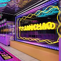 Modern Mall Interior With Purple Neon Lights Vending Machines And Shops Decoration