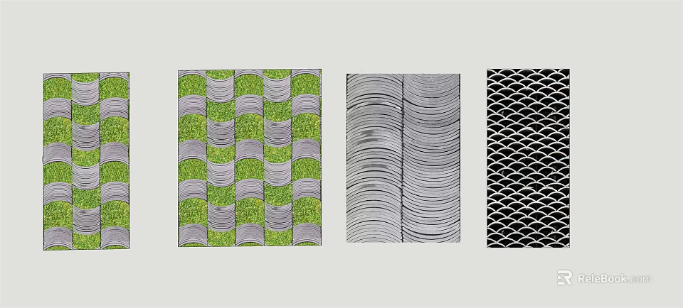 Garden Ornamental Designs Featuring Green Checkered Gray Wavy And Black Grid Patterns 3d model