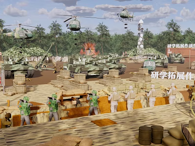 Military Study Expansion Activity Scene With Helicopters Tanks Soldiers Wooden Crates And Sandbags 3d model