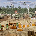 Military Study Expansion Activity Scene With Helicopters Tanks Soldiers Wooden Crates And Sandbags