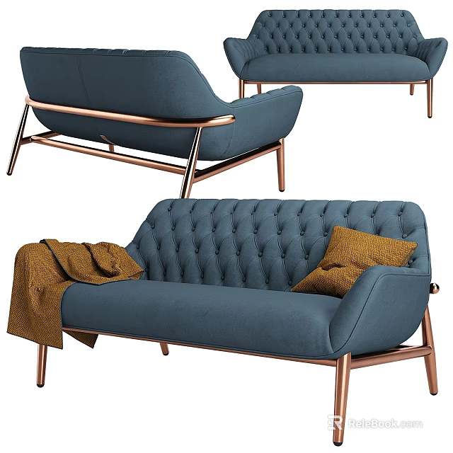 Blue Tufted Double Sofa with Copper Legs Brown Throw and Yellow Cushion 3d model