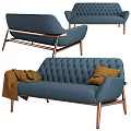Blue Tufted Double Sofa with Copper Legs Brown Throw and Yellow Cushion 3d model