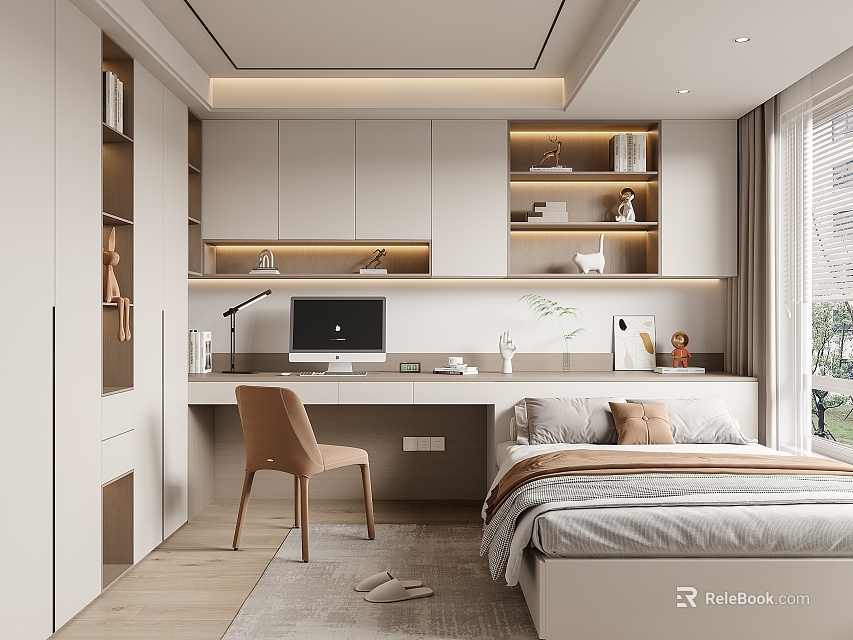 Modern Tatami Bedroom Interior With Desk Chair Bookshelf And Lighting 3d model 