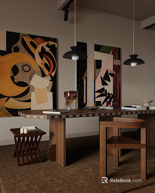 Modern Restaurant Interior With Wooden Dining Table Art Murals Pendant Lights And Chairs 3d model 