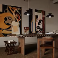 Modern Restaurant Interior With Wooden Dining Table Art Murals Pendant Lights And Chairs