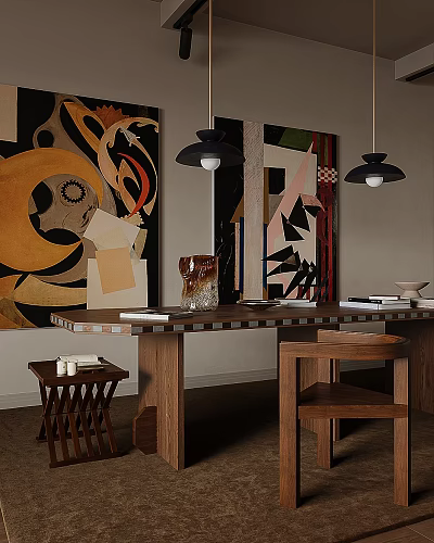 Modern Restaurant Interior With Wooden Dining Table Art Murals Pendant Lights And Chairs 3d model