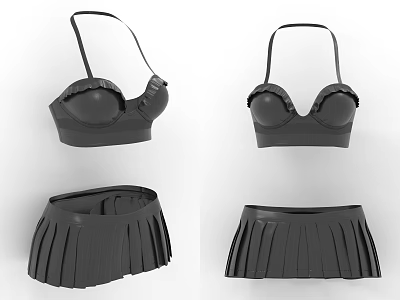 Black Suspender Ruffled Crop Tops With Pleated Mini Skirts Women Clothing Set 3d model