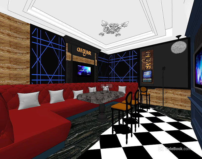Modern KTV Lounge Interior With Red Sofas Black White Checkered Floor And TV Screen 3d model