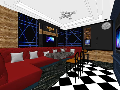 Modern KTV Lounge Interior With Red Sofas Black White Checkered Floor And TV Screen 3d model