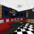 Modern KTV Lounge Interior With Red Sofas Black White Checkered Floor And TV Screen 3d model