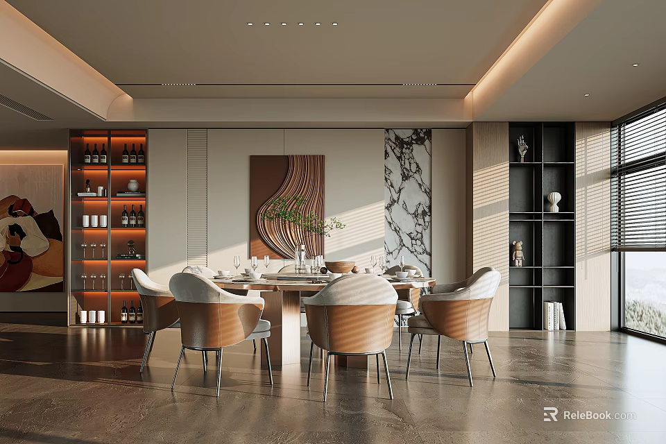 Modern Elegant Restaurant With Dining Table Chairs Artwork Wine Cabinet And Floor to Ceiling Windows 3d model 