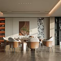 Modern Elegant Restaurant With Dining Table Chairs Artwork Wine Cabinet And Floor to Ceiling Windows