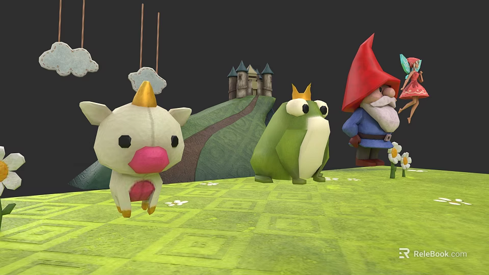 Cute Colorful Cartoon Cow Frog Gnome Dolls On Green Grass With Castle Hills And Clouds 3d model 