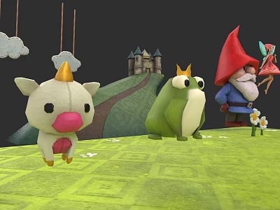 Cute Colorful Cartoon Cow Frog Gnome Dolls On Green Grass With Castle Hills And Clouds 3d model