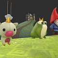 Cute Colorful Cartoon Cow Frog Gnome Dolls On Green Grass With Castle Hills And Clouds