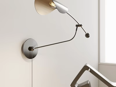 Modern Adjustable Wall Lamp With Curved Metal Arm And Round Base Beige Shade Design 3d model