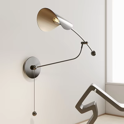 Modern Adjustable Wall Lamp With Curved Metal Arm And Round Base Beige Shade Design 3d model