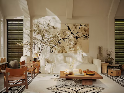 Modern Living Room With White Sofa Wooden Coffee Table Rug Green Plants And Decorative Painting 3d model