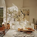 Modern Living Room With White Sofa Wooden Coffee Table Rug Green Plants And Decorative Painting