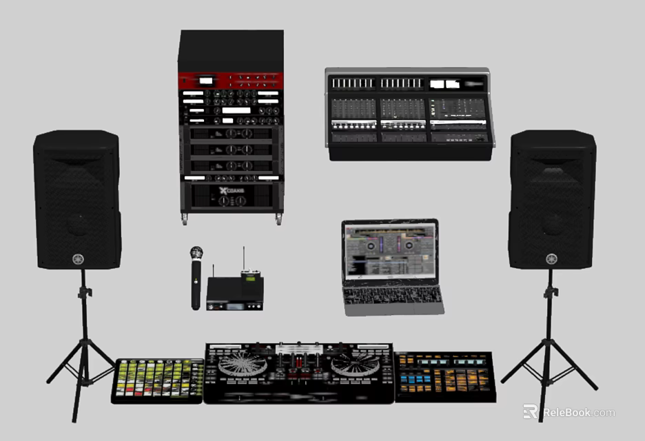 Professional Audio Equipment Setup With Speakers Mixer Laptop And DJ Controller 3d model 
