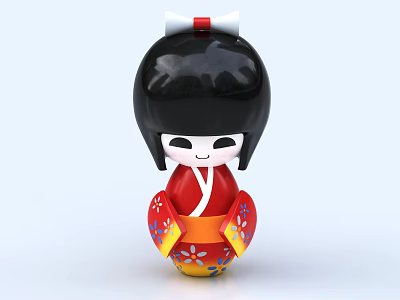 Traditional Japanese Doll With Black Hair Red Kimono And Floral Patterns 3d model
