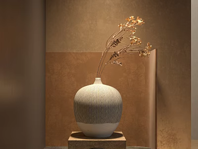 White Striped Vase With Golden Flowers On Square Pedestal Modern Minimalist Brown Wall Background 3d model