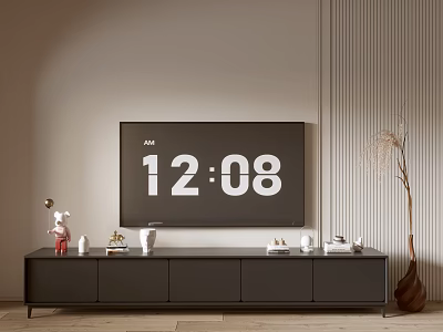 Modern Black TV Cabinet with TV Decorative Doll Vase and Reed Near Light Striped Wall 3d model
