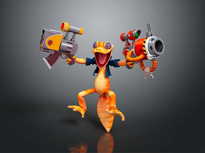 Orange Lizard Character Holding Saw Gun And Cannon With Blue Jacket Open Mouth 3d model