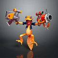 Orange Lizard Character Holding Saw Gun And Cannon With Blue Jacket Open Mouth