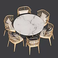 Elegant Dining Table Set with Round Marble Tabletop and Six Cushioned Metal Frame Chairs 3d model