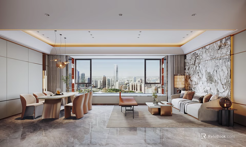 Modern Dining and Living Room Interior With Sofa Dining Table Large Windows and City View 3d model