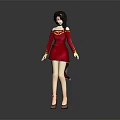 Game Movie Character In Red Dress With Long Black Hair Yellow Cuffs And Red Shoes